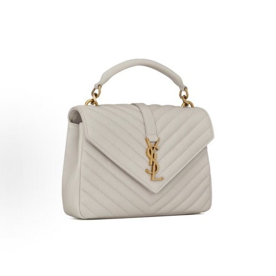 SAINT LAURENT YSL College Gold Logo chain quilted leather hand-held shoulder crossbody bag, medium size for women, grey